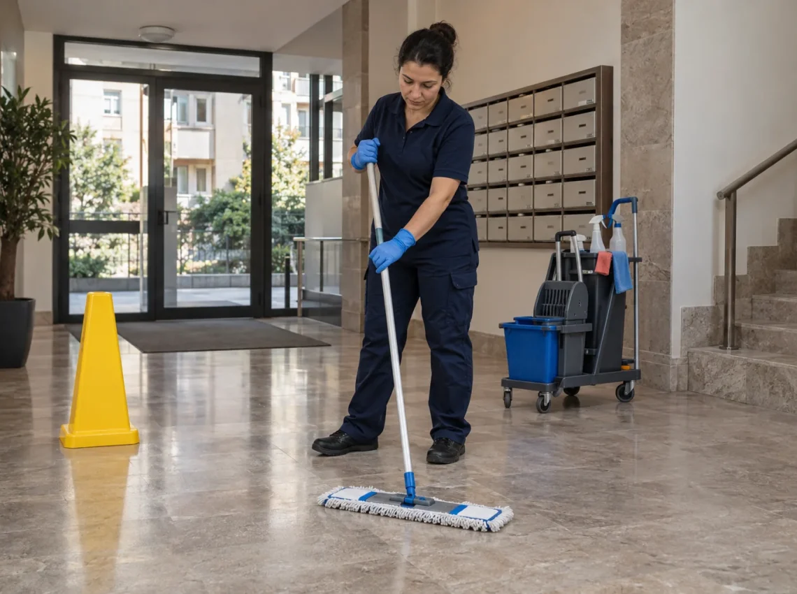 Apartman girişindeki taş zemini paspasla temizleyen görevli ve yanında temizlik arabası