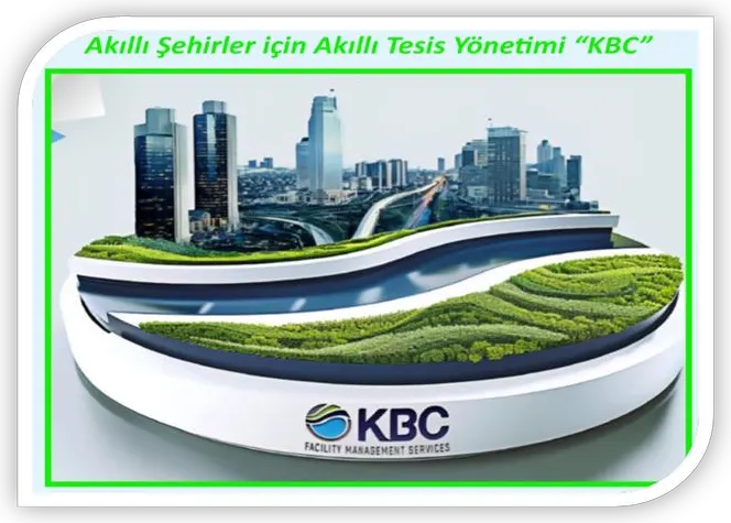 Akıllı şehirler için akıllı tesis yönetimi: yeşil çatılı şehir maketi ve KBC logosu