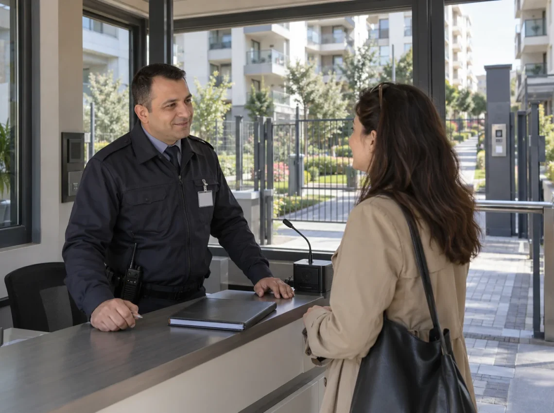 Konut sitesi girişindeki güvenlik noktasında bir ziyaretçiyle görüşen görevli